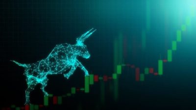 Graphic representation of a bull climbing a stock chart