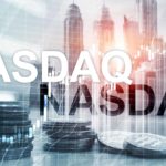 A graphic illustration with the words NASDAQ atop a US city and currency