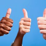 Three different hands against a blue backdrop signal thumbs up, indicating share price rise on the ASX market