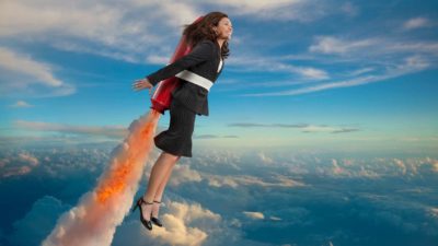 Woman attached to rocket flies into the air