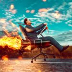 Businessman taking off in rocket-fuelled office chair