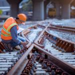 Rail worker in hard hat kneels over train tracks inspecting tracks