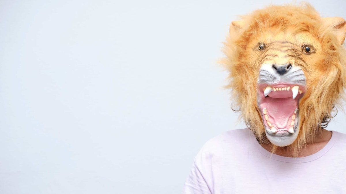 A person wears a roaring lion mask.