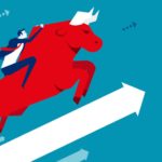 Concept image of a businessman riding a bull on an upwards arrow.