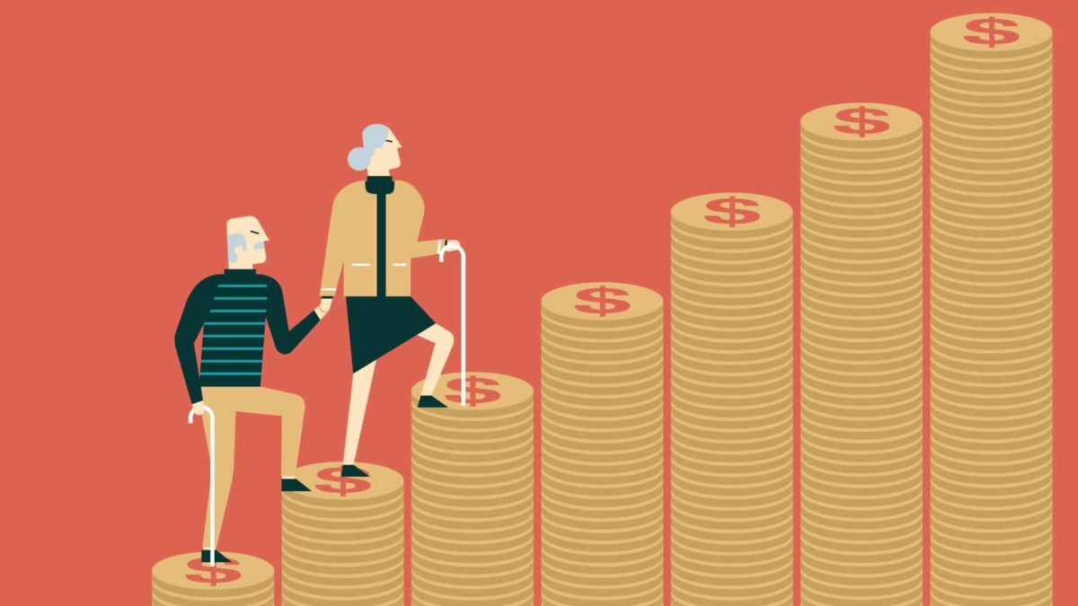 Man and woman retirees walking up stacks of money symbolising superannuation.