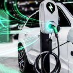 A white EV car and an electric vehicle pump with green highlighted swirls representing ASX lithium shares