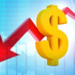 Dollar sign in yellow with a red falling arrow in front of a graph, symbolising a falling share price.