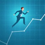 A graphic showing a businessman running up a white upwards rising arrow symbolising the soaring Magellan share price today