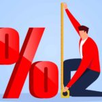 Animation of a man measuring a percentage sign, symbolising rising interest rates.