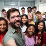 People of different ethnicities in a room taking a big selfie, symbolising diversification.