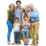 A family of grandparents, adult children and younger children posing happily