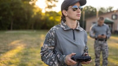 A female soldier flies a drone using hand-held controls.