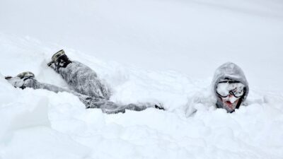 A man face plants into the deep snow, indicating a company frozen in a trading halt.