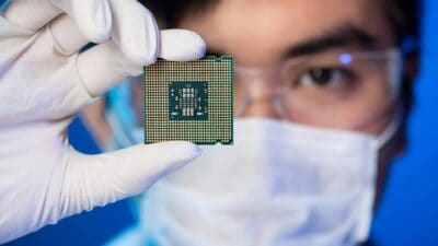 A tech worker wearing a mask holds computer chip up to the camera.