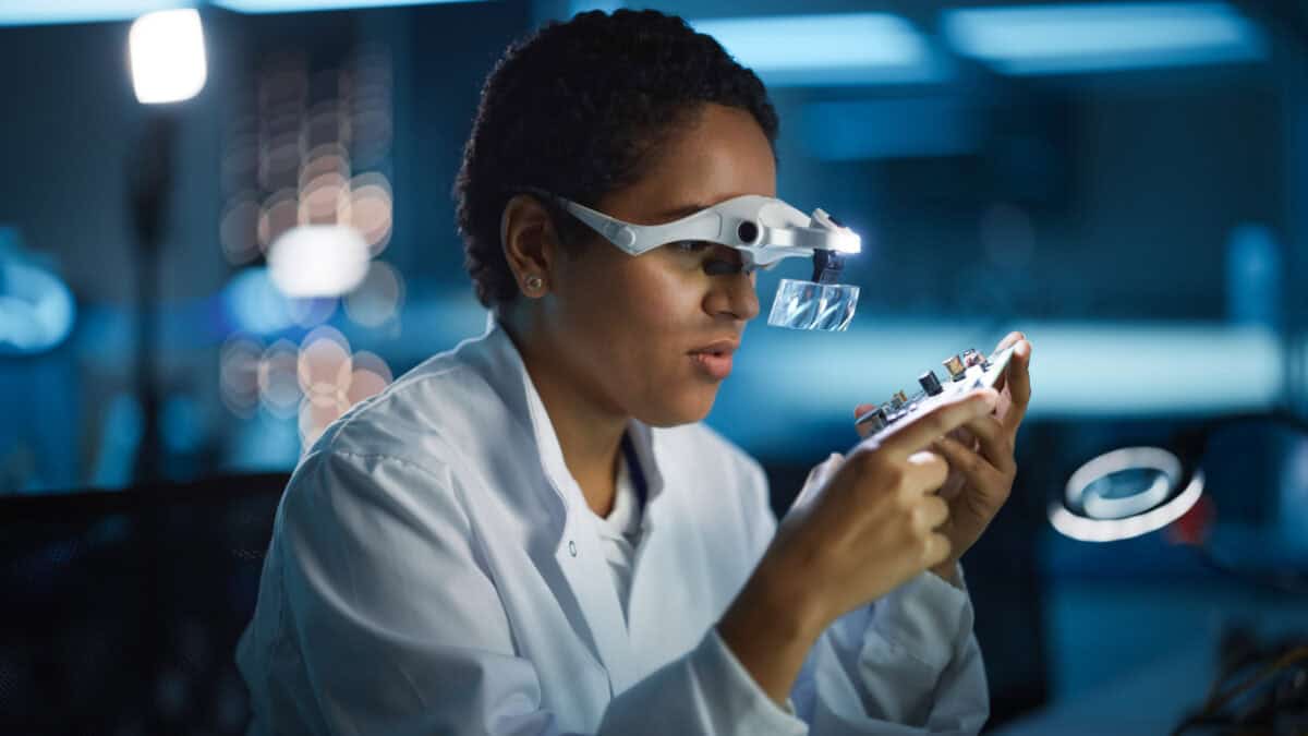 A female engineer inspects a printed circuit board for an artificial intelligence (AI) microchip company.