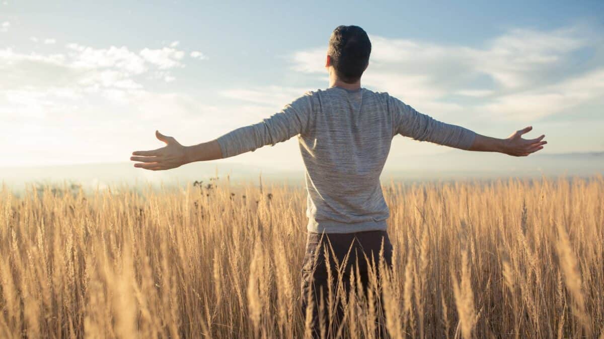 A young farnmer raise his arms to the sky as he stands in a lush field of wheat or farmland.