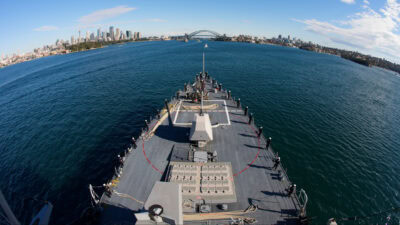 A U.S. Naval Ship (DDG) enters Sydney harbour.